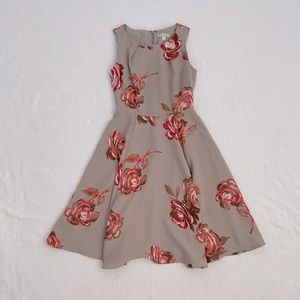 High waist A-line Flowy Dress Taupe w/Rose pattern